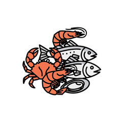 Fresh Seafood with Assorted Crustaceans and Fish on White Background