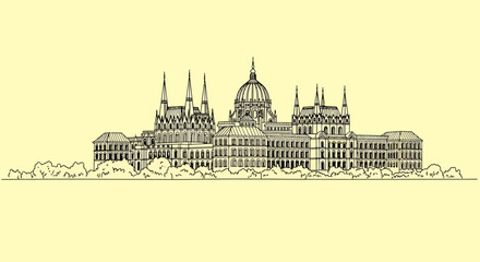 Naklejka premium budapest parliament building, hungarian architecture, black and white sketch