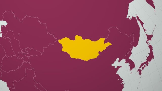 Mongolia map. Animated zoom into the country on the Globe in Pale Mint Dark Pink color palette. Country logo animation with round text and airplanes. Map with meridians, parallels. Classy video.