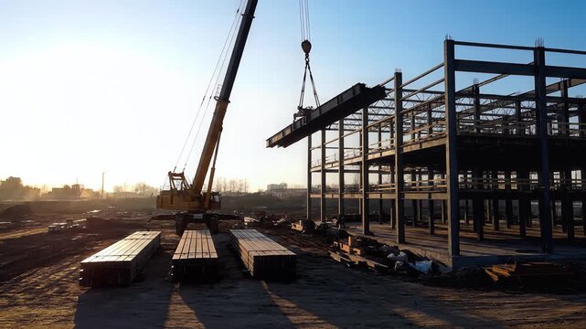 Construction site with crane lifting steel beams at sunrise.