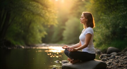 Fototapeta premium Young woman meditating outdoors in nature at golden hour