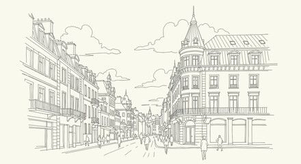 european street scene, line art illustration, city architecture