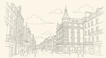 Fototapeta premium european street scene, architecture drawing, city buildings, urban sketch