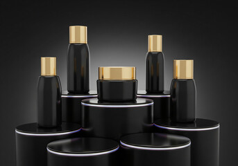 Obraz premium Set of black matte cosmetic bottles and jars on a stone pedestal. Minimalist product packaging design with elegant shadows and light.