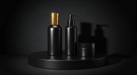 Set of black matte cosmetic bottles and jars on a stone pedestal. Minimalist product packaging design with elegant shadows and light.