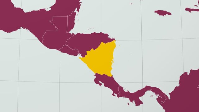 Nicaragua map. Animated zoom into the country on the Globe in Pale Mint Dark Pink color palette. Country logo animation with round text and airplanes. Map with meridians, parallels. Captivating video.