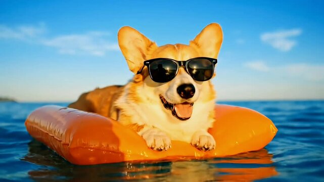 A happy corgi dog wearing sunglasses floats on an orange inflatable ring in the blue ocean under a clear sky.