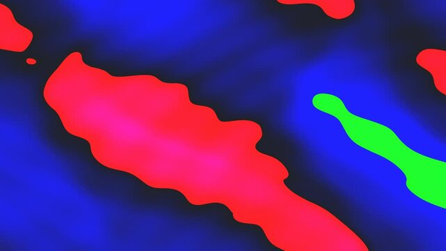 Vibrant red and green squiggles ripple across a blue gradient background