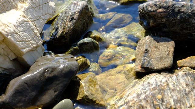 Calm sea, tranquil ethereal view. Stone stage, flowers. Harmony, relax, meditating. Dreamy scenery. Water splash. Pure water with reflections sunlight	