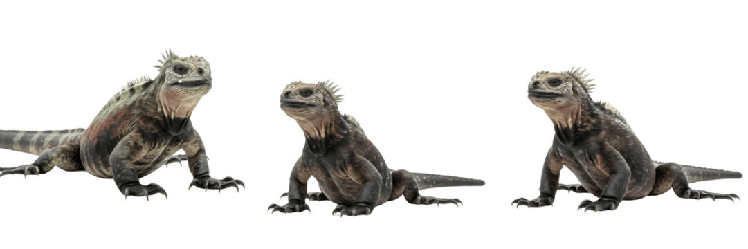 Marine Iguana (Amblyrhynchus cristatus) Isolated on White Background, Full Body Galapagos Reptile Standing on White Floor, Sea-Adapted Lizard Cutout, Wildlife Stock Photo Image