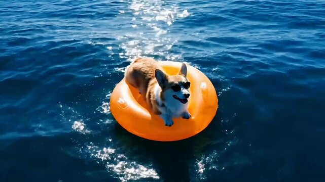 A cool corgi dog wearing sunglasses and floating on an orange inflatable ring in the blue water on a sunny day.