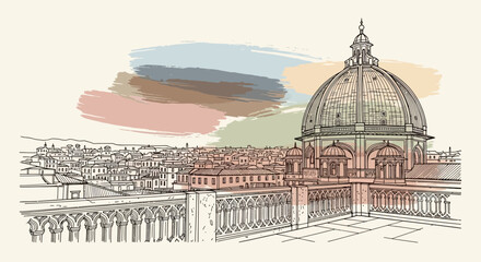 Fototapeta na wymiar rome cityscape sketch, st peter's basilica dome, architecture travel art