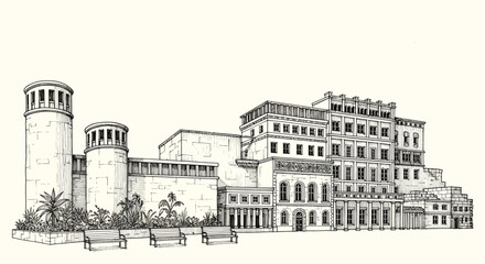 Fototapeta premium architectural drawing of a building complex, black and white