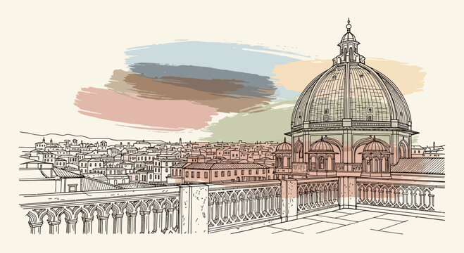 rome cityscape sketch, st peter's basilica dome, architecture travel art