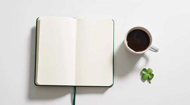 Minimal Workspace with Blank Notebook Coffee Cup and Clover Top View