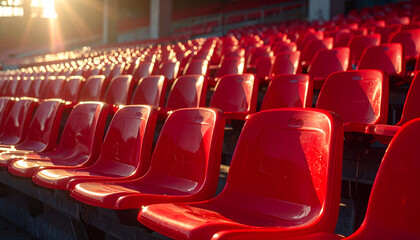 Fototapeta premium Rows of red stadium seats in a sports arena.