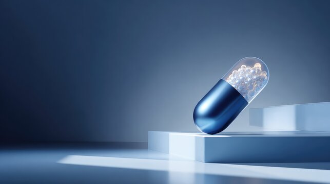 A blue and silver capsule lies on a soft blue background, representing medicine and healthcare