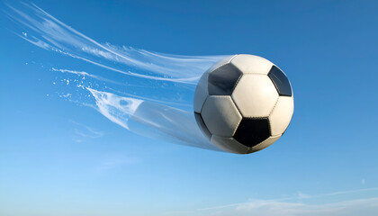 Naklejka premium Soccer ball flying through the blue sky with motion blur.