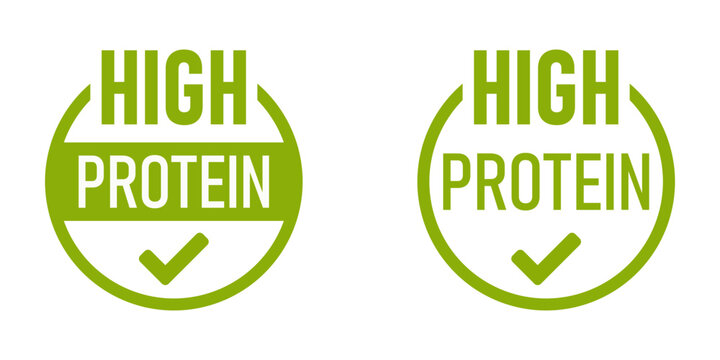 High Protein Green Round Package Info Label Badge Stamp Sign with Checkmark Symbol Icon Variation Set. Vector Image.