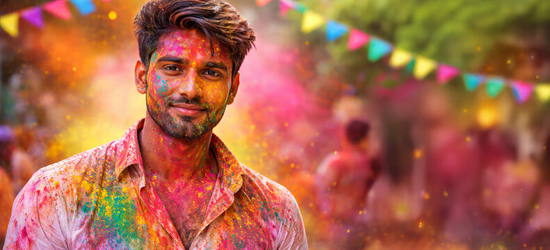 Caucasian man celebrating Holi festival with colorful powder. Happy face covered in gulal color, enjoying traditional Hindu spring holiday, copy space, banner