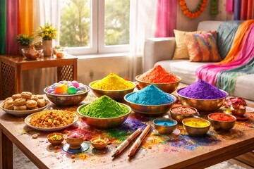 Obraz premium Colorful Holi festival celebration with bowls of vibrant gulal powder in living room , traditional sweets, and snacks on a decorated table at home