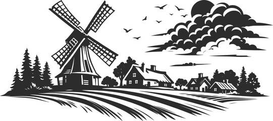 Traditional Windmill Village Countryside Landscape Illustration. © Raihan