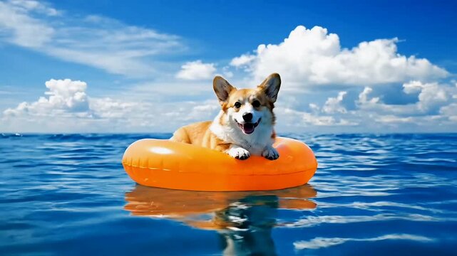 A happy corgi dog floating on an orange inflatable ring in the blue ocean under a clear sky.