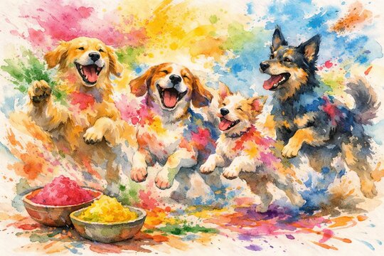 Group of happy dogs covered in colorful Holi powder splashes. Watercolor illustration of pets celebrating spring festival. Playful animal art
