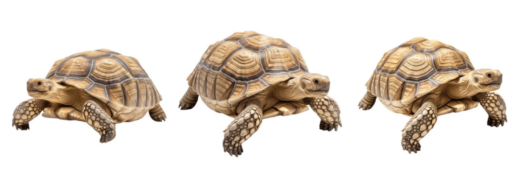 African Spurred Tortoise (Centrochelys sulcata) Isolated on White Background, Full Body Large Terrestrial Reptile Standing on White Floor, Desert Tortoise Cutout, Wildlife Stock Photo Image