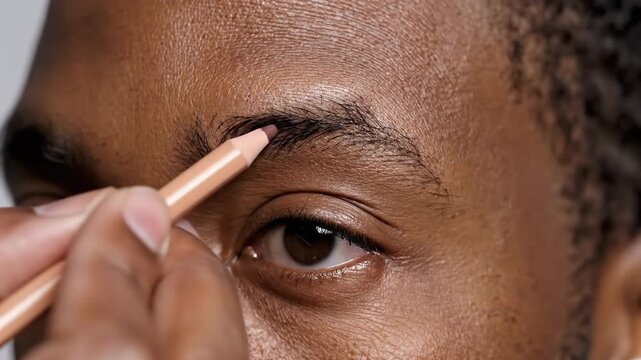 Close-up of a person meticulously applying eyebrow pencil to enhance and shape their natural brows for a flawless makeup look
