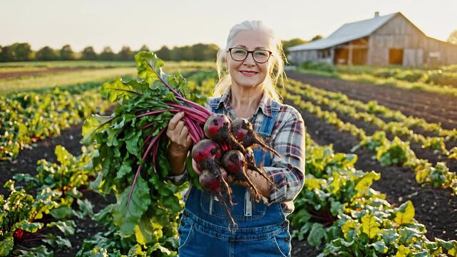 Smiling farmer woman holding fresh organic beetroots in a field at sunset