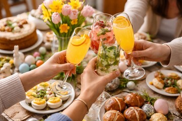 Easter brunch celebration with friends toasting festive drinks at beautifully decorated table featuring colorful eggs, flowers, traditional food. holiday gathering, festive decor, friendship. © Jafree