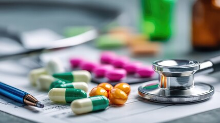 A close up of colorful pills and capsules rests on a tablet near a stethoscope, suggesting healthcare or medicine.
