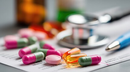 A close up of colorful pills and capsules rests on a tablet near a stethoscope, suggesting healthcare or medicine.