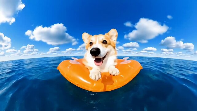 A happy corgi dog enjoying a swim in the blue ocean, floating on an orange inflatable ring under a clear sky with white clouds.