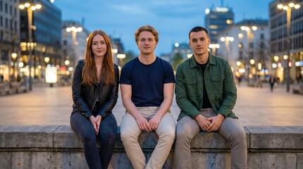 Fototapeta premium Three Young Friends Sitting in Urban Plaza at Blue Hour