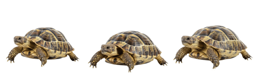 Russian Tortoise (Testudo horsfieldii) Isolated on White Background, Full Body Central Asian Terrestrial Tortoise Standing on White Floor, Exotic Reptile Cutout, Wildlife Stock Photo Image