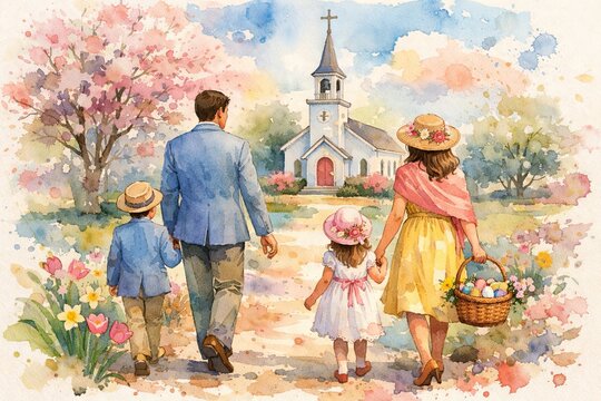 Family strolling to church with easter egg basket in watercolor illustration. concept of spring celebration, family togetherness, easter sunday walk
