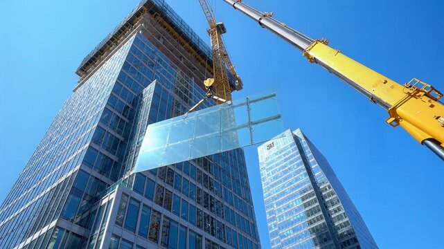 Crane Lifting Glass Panels for Modern Skyscraper Construction Against Blue Sky.