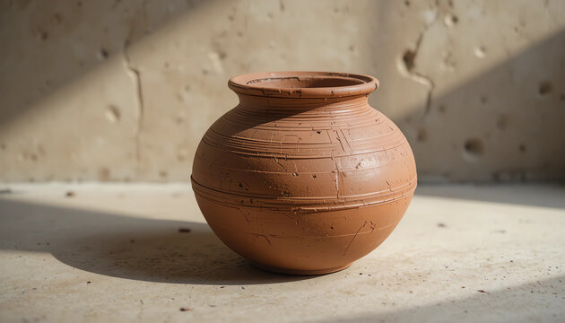Traditional earthen water pot (matka) placed on neutral surface, realistic clay texture, soft