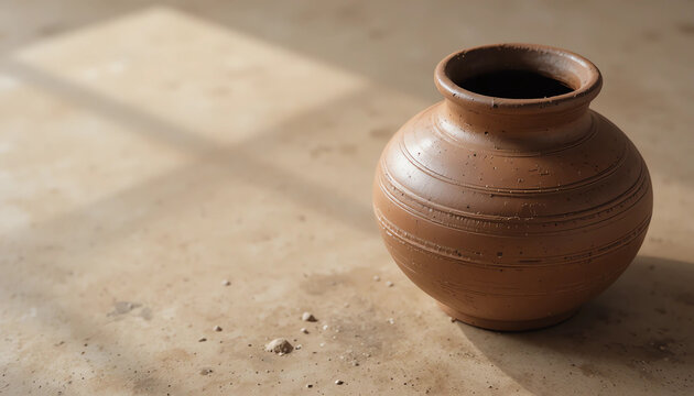 Traditional earthen water pot (matka) placed on neutral surface, realistic clay texture, soft