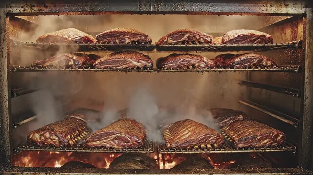 Smoked Ribs Cooking in Industrial Smoker Oven with Visible Flames and Smoke