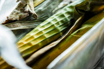 Close up of banana leaf in the market, Thailand. Selective focus.