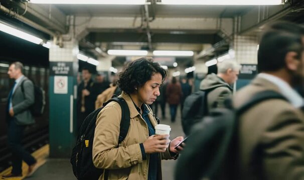 New York City Commuters Rushing Through a Busy Subway During Morning Rush Hour