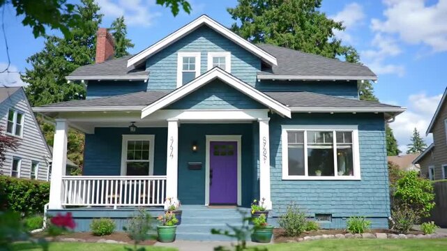 Blue House with Porch and Purple Door.