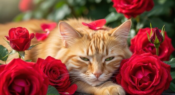 Ginger cat resting among red roses in a garden setting.