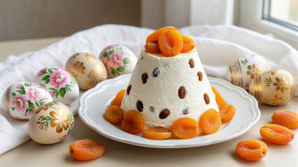 Obraz premium A beautiful traditional easter paschal cake with hand-painted eggs on a light wooden table near the window