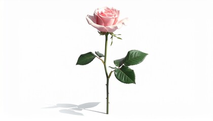 Fototapeta premium Delicate blush pink rose with vibrant green leaves standing gracefully on a pure white background