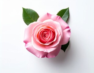 Naklejka premium Vibrant pink rose blossom with lush green leaves gracefully resting on a pure white background, symbolizing affection and beauty