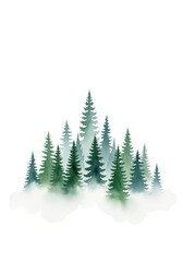 Fototapeta premium delicate watercolor illustration of layered evergreen pine trees with soft edges, isolated on transparent copy space with ethereal mist. Concept of quiet solitude